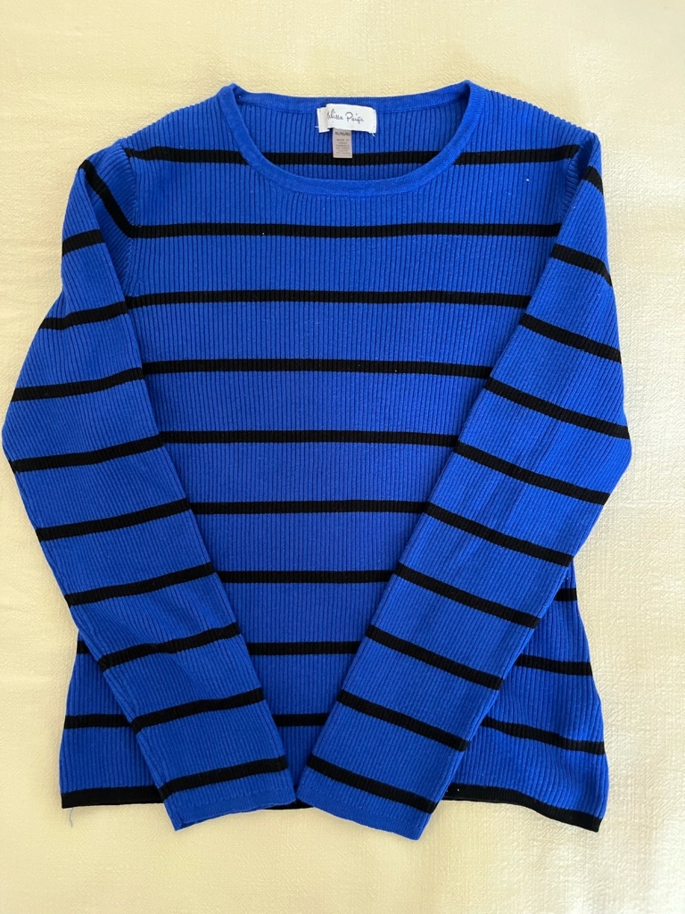 Melissa Paige Blue and Black Striped Crewneck Sweater